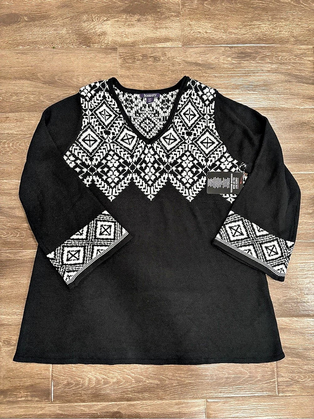 Roman’s Fair Isle Pullover Sweater Black & White Size Large 18-20 Tunic NWT